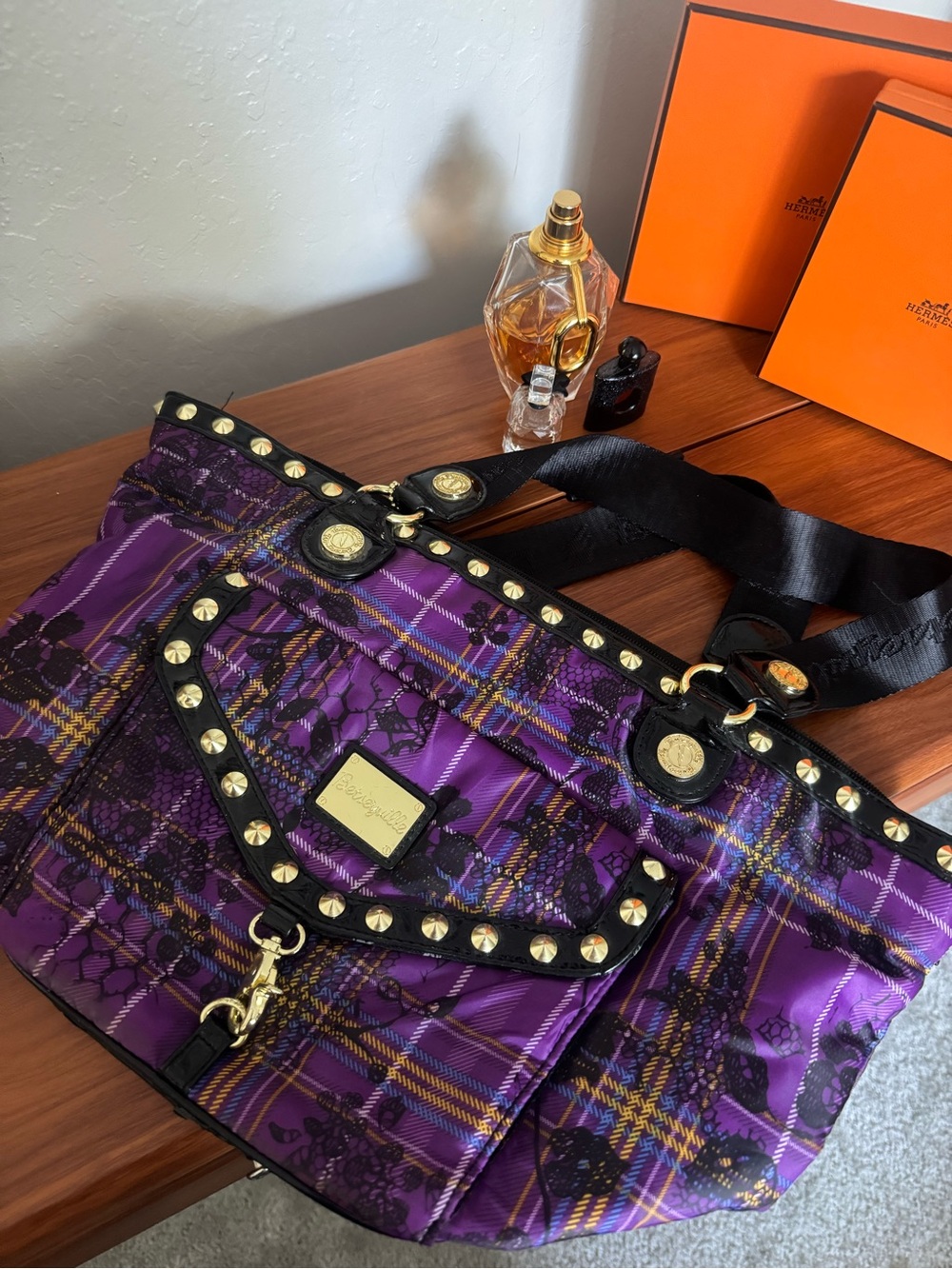 Betseyville Purple Plaid Gold Stud-Trim Women’s Tote Bag
